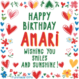 A colorful animated card for Amari’s birthday featuring playful hearts, cheerful flowers, and a handwritten message wishing smiles and sunshine.