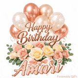Elegant 3D rose gold text saying Happy Birthday Amari surrounded by balloons
