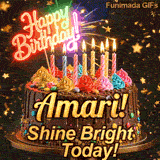 Bold golden lettering spelling Amari! on a gourmet chocolate cake decorated with small colorful candies at the base.