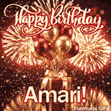 Bold red and white lettering spelling Amari under a luxury red present decorated with shiny balloons.