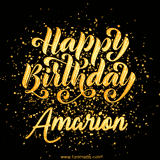Animated GIF with colorful, festive 'Happy Birthday Amarion' text decorated with patterns, a party hat, and falling confetti. A vibrant and cheerful design for birthday celebrations.