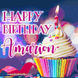 A festive animated GIF featuring a colorful cupcake with a single lit candle, sprinkles, and 'Happy Birthday Amarion' text against a sparkling, celebratory background.