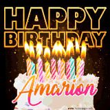 A vibrant animated GIF featuring a delicious birthday cake topped with glowing candles and the name 'Amarion' in elegant script, and the words 'Happy Birthday' on the black background.