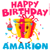 A funny animated birthday GIF with the words 'Happy Birthday Amariona', colorful gift box with arms and legs, holding a cupcake with a lit candle  with confetti everywhere.