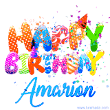 Animated GIF with colorful, festive 'Happy Birthday Amarion' text decorated with patterns, a party hat, and falling confetti. A vibrant and cheerful design for birthday celebrations.