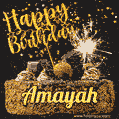 Celebrate Amayah's birthday with a GIF featuring chocolate cake, a lit sparkler, and golden stars