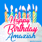 A cheerful animated GIF featuring colorful lit birthday candles on a white cake, with the text 'Happy Birthday Amaziah' in bold red and blue script on a bright blue background.