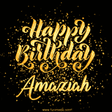 Animated GIF with colorful, festive 'Happy Birthday Amaziah' text decorated with patterns, a party hat, and falling confetti. A vibrant and cheerful design for birthday celebrations.
