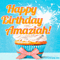 A cheerful animated GIF of a cupcake with creamy frosting, a red checkered ribbon, and a bright sparkler on top. The text 'Happy Birthday Amaziah!' is displayed in vibrant orange and red.