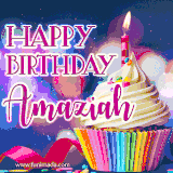 A festive animated GIF featuring a colorful cupcake with a single lit candle, sprinkles, and 'Happy Birthday Amaziah' text against a sparkling, celebratory background.