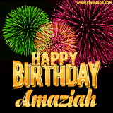 A captivating GIF with bursts of green, pink, and orange fireworks lighting up the night sky, accompanied by 'Happy Birthday Amaziah' in glowing golden text.