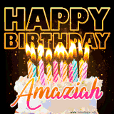 A vibrant animated GIF featuring a delicious birthday cake topped with glowing candles and the name 'Amaziah' in elegant script, and the words 'Happy Birthday' on the black background.