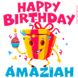 A funny animated birthday GIF with the words 'Happy Birthday Amaziaha', colorful gift box with arms and legs, holding a cupcake with a lit candle  with confetti everywhere.