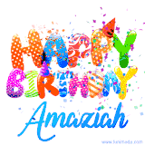 Animated GIF with colorful, festive 'Happy Birthday Amaziah' text decorated with patterns, a party hat, and falling confetti. A vibrant and cheerful design for birthday celebrations.