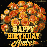 Animated bouquet of orange roses with moving butterfles and golden 'Happy Birthday Amber' text, surrounded by sparkling accents and a dark backdrop for a luxurious feel.