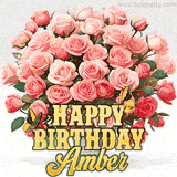 Golden 'Happy Birthday Amber' text beneath a vibrant bouquet of orange roses, complete with glittering butterflies and sparkling details.