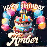 Bright birthday animation for Amber with a chocolate cake, candles, balloons, and glowing celebratory lights.