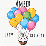 An adorable and cute cupcake with a smiley face and moving colorful balloons create a joyful birthday greeting for Amber in this cheerful animated greeting E-card.