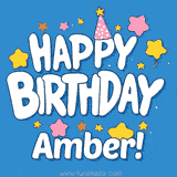 Colorful animated birthday card with the text 'HAPPY BIRTHDAY Amber!' in a white playful font surrounded by stars, hearts, and a party hat on a blue background.