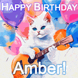 Animated GIF featuring a charming white cat with bright blue eyes strumming a guitar while colorful balloons float in the background, with 'Happy Birthday Amber!' text.