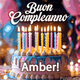 Birthday cake topped with pink and yellow lit candles, surrounded by glowing bokeh lights and party balloons. The greeting 'Buon Compleanno Amber GIF!' is displayed.