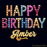 Vibrant luxury birthday greeting card for Amber, showing glittering gemstone letters and golden calligraphy on a dark background with twinkling shine effects.