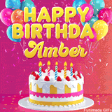 Pink-themed animated greeting with balloons, confetti, and a frosted cake under the message 'Happy Birthday Amber' in bold rounded yellow font.