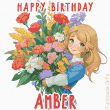 Bright floral birthday animation for Amber showing a cute cartoon girl with golden hair and expressive eyes holding a huge bouquet, surrounded by birthday text.