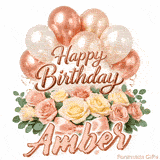 Elegant 3D rose gold text saying Happy Birthday Amber surrounded by balloons