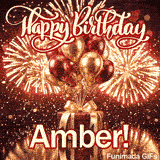 A crimson gift box decorated with a golden ribbon bow and a bundle of shiny red and gold balloons for Ambers birthday.