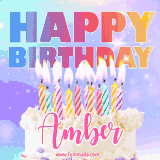 A vibrant animated name GIF with the words 'Happy Birthday Amber' with colorful candles on a creamy cake. The background sparkles with pastel shades, adding a festive touch.