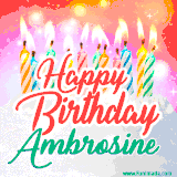 Bright birthday candles with rainbow flames on a cake, alongside the text 'Happy Birthday Ambrosine' in vibrant script in this celebratory animated GIF.