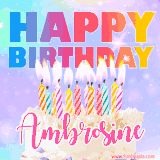 A vibrant animated name GIF with the words 'Happy Birthday Ambrosine' with colorful candles on a creamy cake. The background sparkles with pastel shades, adding a festive touch.