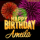 A golden 'Happy Birthday Ameila' message with vibrant fireworks in the background, creating a festive and celebratory vibe in this animated name GIF.
