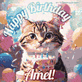 Happy birthday gif for Amel with cat and cake