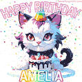 Cute cosmic cat with a birthday cake for Amelia surrounded by a shimmering array of rainbow stars