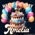 Hand-drawn happy birthday cake adorned with an arch of colorful balloons - name GIF for Amelia