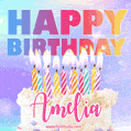 Animated Happy Birthday Cake with Name Amelia and Burning Candles