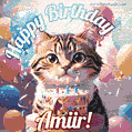 Happy birthday gif for Amiir with cat and cake