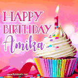 A vibrant birthday GIF featuring a rainbow-colored cupcake topped with white frosting, sprinkles, and a lit candle. The text reads 'Happy Birthday Amika' in bold pink and violet letters with white outline.