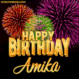A golden 'Happy Birthday Amika' message with vibrant fireworks in the background, creating a festive and celebratory vibe in this animated name GIF.