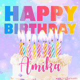 A vibrant animated name GIF with the words 'Happy Birthday Amika' with colorful candles on a creamy cake. The background sparkles with pastel shades, adding a festive touch.