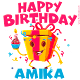 A vibrant and funny gift box character with a happy face dancing with a cupcake and the text 'Happy Birthday Amika,' surrounded by animated confetti and party vibes.
