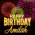 Wishing You A Happy Birthday, Amilah! Best fireworks GIF animated greeting card.