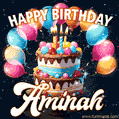 Hand-drawn happy birthday cake adorned with an arch of colorful balloons - name GIF for Aminah