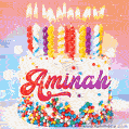 Personalized for Aminah elegant birthday cake adorned with rainbow sprinkles, colorful candles and glitter