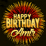 Golden 'Happy Birthday Amir' text accompanied by animated rainbow fireworks for a festive animated greeting.