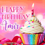 A vibrant birthday GIF featuring a rainbow-colored cupcake topped with white frosting, sprinkles, and a lit candle. The text reads 'Happy Birthday Amir' in bold pink and violet letters with white outline.