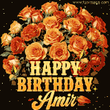 Animated bouquet of orange roses with moving butterfles and golden 'Happy Birthday Amir' text, surrounded by sparkling accents and a dark backdrop for a luxurious feel.