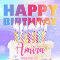 Animated Happy Birthday Cake with Name Amira and Burning Candles